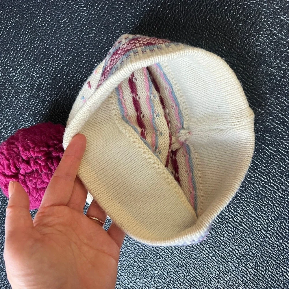 VTG Stowe Woolens Fair Isle Pom Pom Beanie Cream Pink Blue Wool Ski Hat Coquette